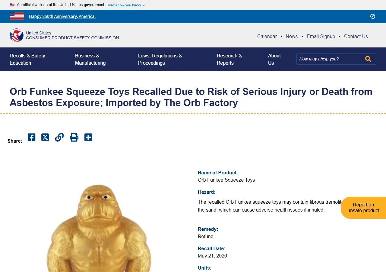 The CPSC recall notice for Orb Funkee squeeze toys showing hazard, remedy and recall date