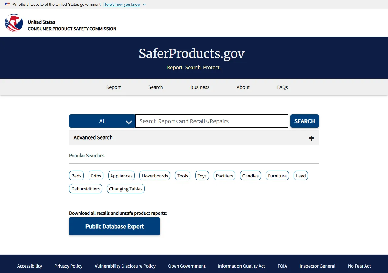 The SaferProducts.gov search page with popular searches including Toys